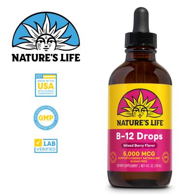 NATURE'S LIFE B12 Drops 5000 mcg - Vitamin B12 Methylcobalamin - Liquid B12 Supplement for Energy Metabolism, Nerve Function and Red Blood Cell Support - Natural Mixed Berry, Sugar Free, 200 Serv, 4oz