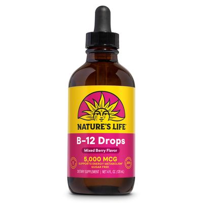 NATURE&#39;S LIFE B12 Drops 5000 mcg - Vitamin B12 Methylcobalamin - Liquid B12 Supplement for Energy Metabolism, Nerve Function and Red Blood Cell Support - Natural Mixed Berry, Sugar Free, 200 Serv, 4oz