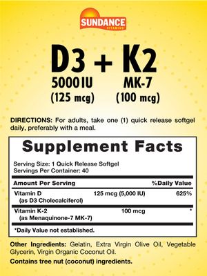 Sundance Vitamin D3 K2 | 40 Quick Release Softgels | 5000 IU | Non-GMO and Gluten Free Supplement