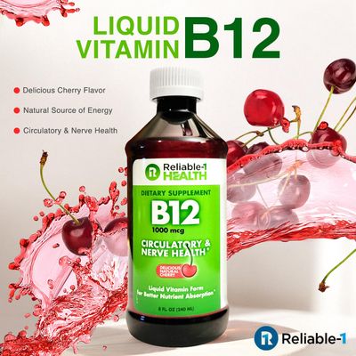 Reliable-1 Laboratories Liquid Vitamin B12 Daily Supplement 1000mcg for Adult Men &amp; Women - Natural Cherry Flavor