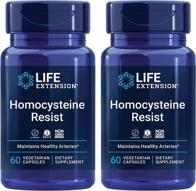 Life Extension Homocysteine Resist - 60 Vegetarian Capsules (Pack of 2) Vitamin B2, B6 &amp; B12 + Folate - Once-Daily, Non-GMO, Gluten-Free