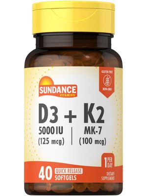 Sundance Vitamin D3 K2 | 40 Quick Release Softgels | 5000 IU | Non-GMO and Gluten Free Supplement