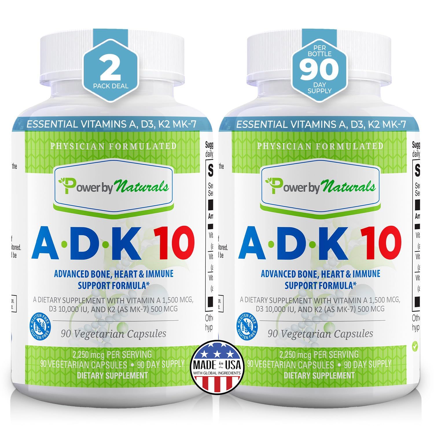 Power By Naturals ADK Vitamin Supplement - ADK 10 High Potency with Vitamins A, D3 10,000 IU &amp; K2 MK7 for Superior Heart, Immune &amp; Bone Health Support - 90 Capsules, 2 Pack (6-Month Supply)