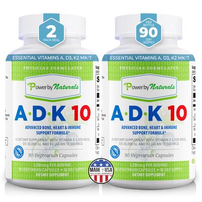 Power By Naturals ADK Vitamin Supplement - ADK 10 High Potency with Vitamins A, D3 10,000 IU &amp; K2 MK7 for Superior Heart, Immune &amp; Bone Health Support - 90 Capsules, 2 Pack (6-Month Supply)