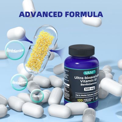 VANI Vitamin B1 with 750mg Benfotiamine, 2 in 1 Enhanced Formula -Fat &amp; Water Soluble Thiamine B1 Supplement | 120 Capsules | Gluten Free