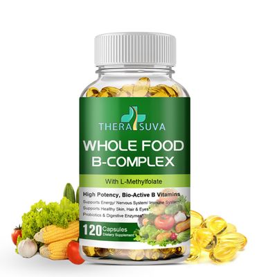 TheraSuva Vitamin B-Complex, Whole Food Supplement + L-Methylfolate + Probiotics! Vegan! for Metabolism, Immune &amp; Digestive Support! 120 Capsules 60 Day Supply