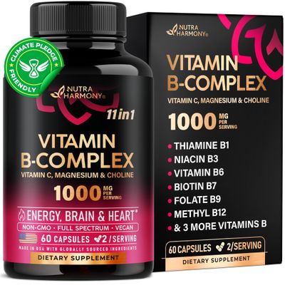 Vitamin B Complex for Men &amp; Women - Made in USA - B-Complex: B1, B2, B3, B5, B6, B7, B8, B9, B12 with Vitamin C, Choline, Inositol - Energy, Brain &amp; Heart Support Supplement, 60 Vegan Capsules