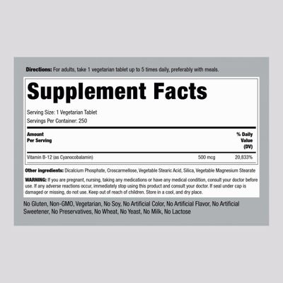 Piping Rock Vitamin B-12 | 500 mcg | 250 Tablets | Non-GMO, Gluten Free Supplement
