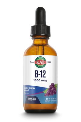 KAL B12 1000 mcg DropIns, High Absorption Liquid B12 Vitamin, Healthy Energy Supplements for Metabolism, Heart Health, Nerve, Red Blood Cell Support, Natural Grape Flavor B12 Drops, 196 Servings, 2oz