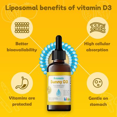 Nuvamin - Liquid Liposomal Vitamin D Drops for Baby Toddlers Kids & Adults, 1200 IU/mL, 2 Fl.Oz (60ml), 120 Daily Serving, Great Taste - All Natural - Vegan - Superior Absorption, Lemon Flavor