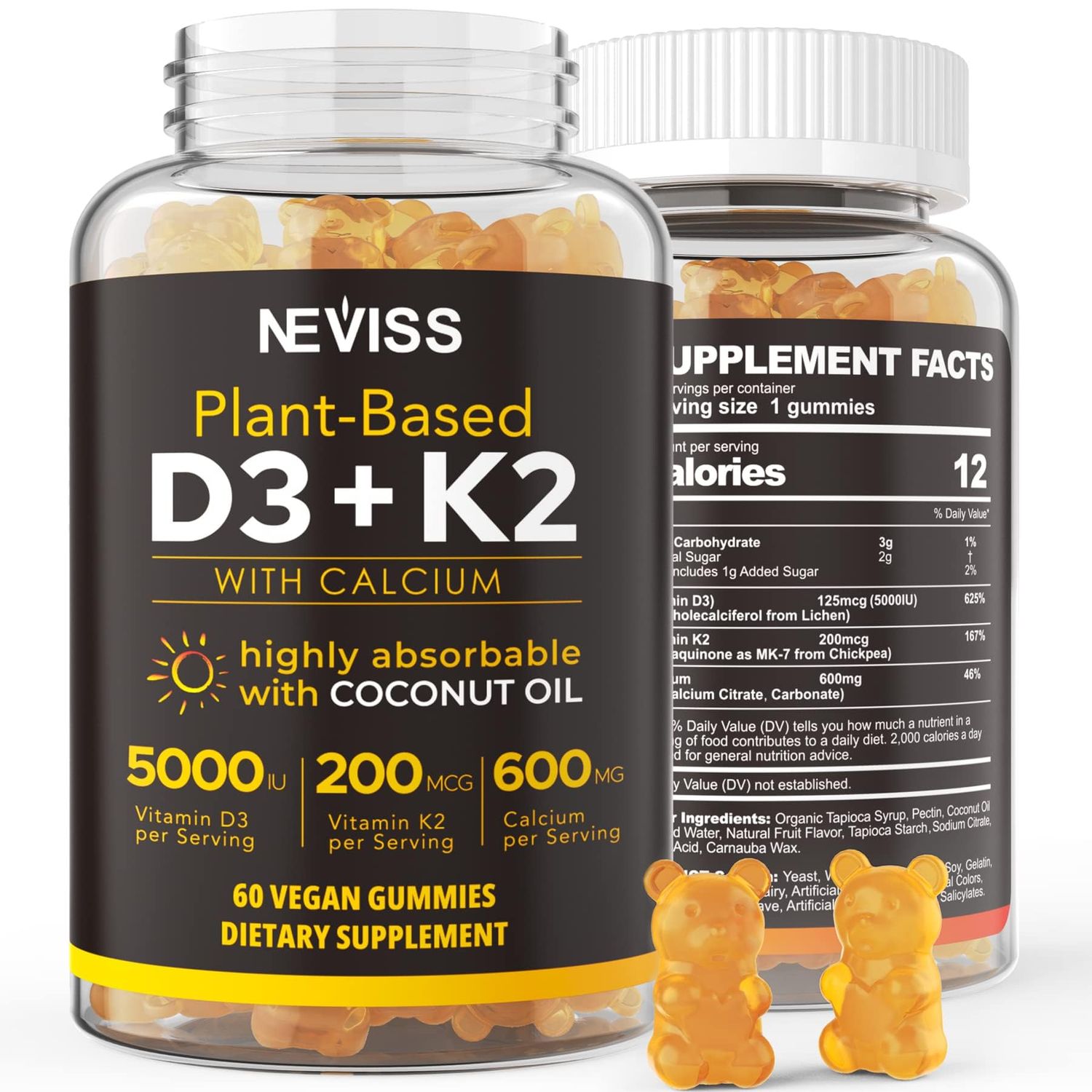 Vitamin D3 5000iu &amp; K2( as MK7 ) 200mcg Gummies + 600mg Calcium, with Coconut Oil for High Absorption, Maximum Strength Vitamin D3 K2 Supplement - Support for Bones Muscle Teeth Immune, Vegan 60 Count