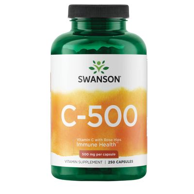 Swanson Vitamin C w/Rose HIPS - Herbal Supplement Promoting Skin Health, Heart Health &amp; Immune System Support - Natural Formula Supporting Defense &amp; Wellness - (250 Capsules, 500mg Each)
