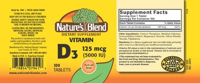 Nature?s Blend Vitamin D3, 5000 IU 100 Tablets
