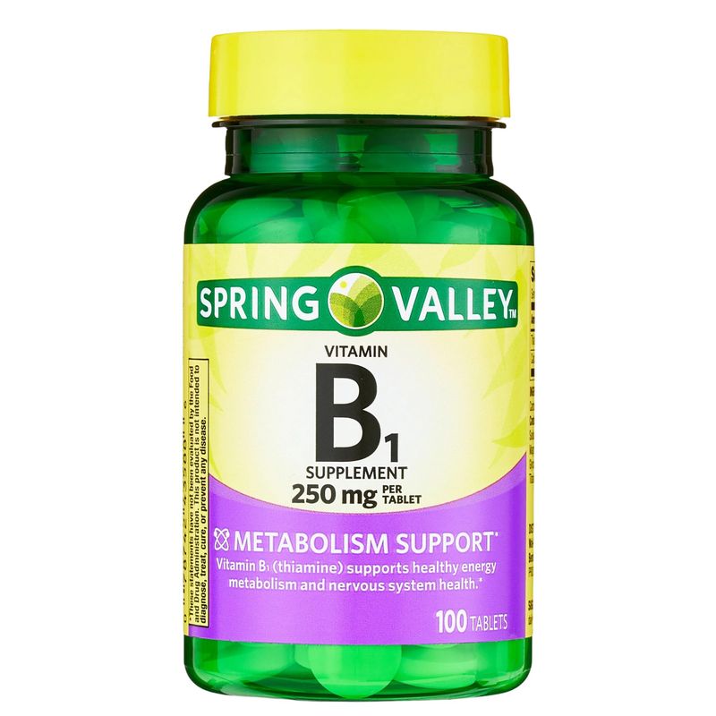 Spring Valley Vitamin B1 (Thiamine) 250mg Tablets, 100 Count, Supports Energy Production &amp; Healthy Metabolism*, Helps Break Down Fats &amp; Protein (Pack of 1)
