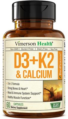Vitamin D3, K2 Calcium Supplement with BioPerine for Immune &amp; Bone Health - Vitamin D 5000 IU + Vitamin K2 as MK7 + Calcium. 4 in 1 Support: Strong Bones &amp; Teeth Plus Joint &amp; Heart Health. 60 Capsules