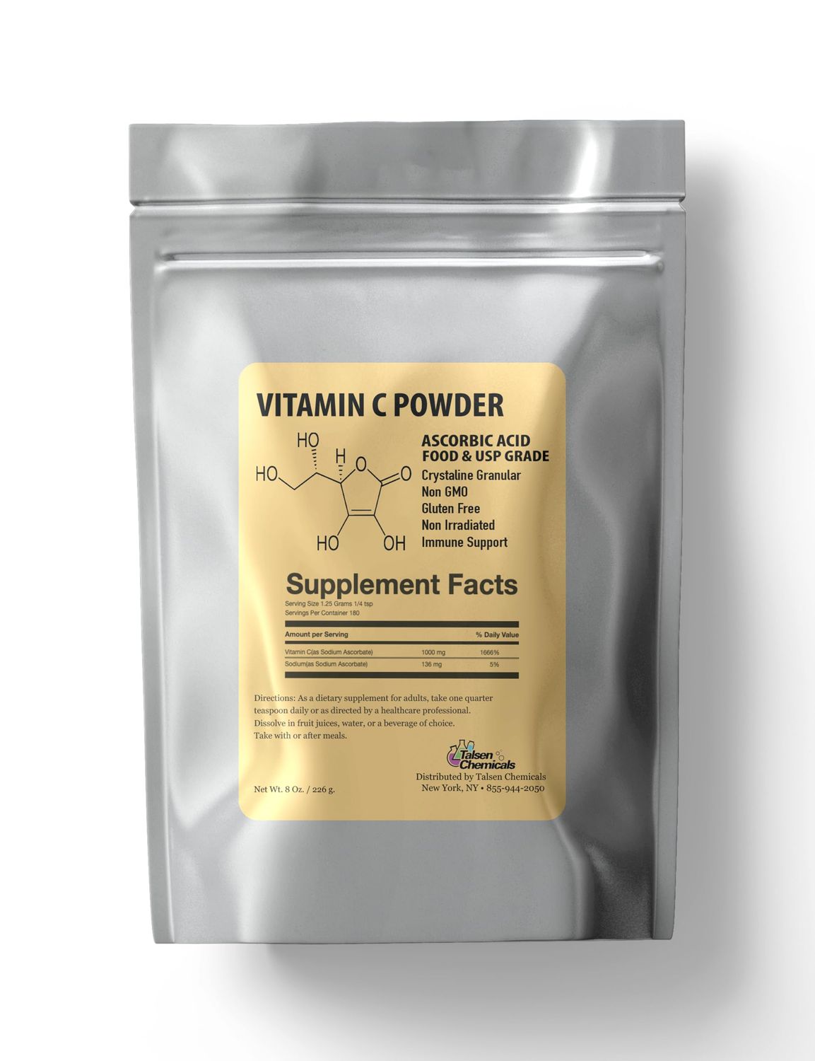 Talsen Chemicals Pure Vitamin C Powder Organic (8 Oz / 226 g) Ascorbic Acid Powder Powerful Antioxidant for Skin DIY Skin Care