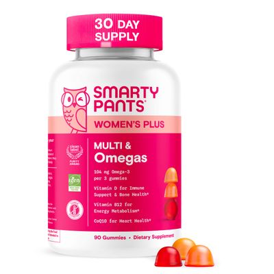 SmartyPants Women&#39;s Multivitamin Gummies - Improved Formula: Omega 3 (DHA/EPA), Methylfolate, CoQ10, Vitamin D3, C, Vitamin B12, B6, Vitamin A, K &amp; Zinc, Gluten Free, 90 Count (30 Day Supply)