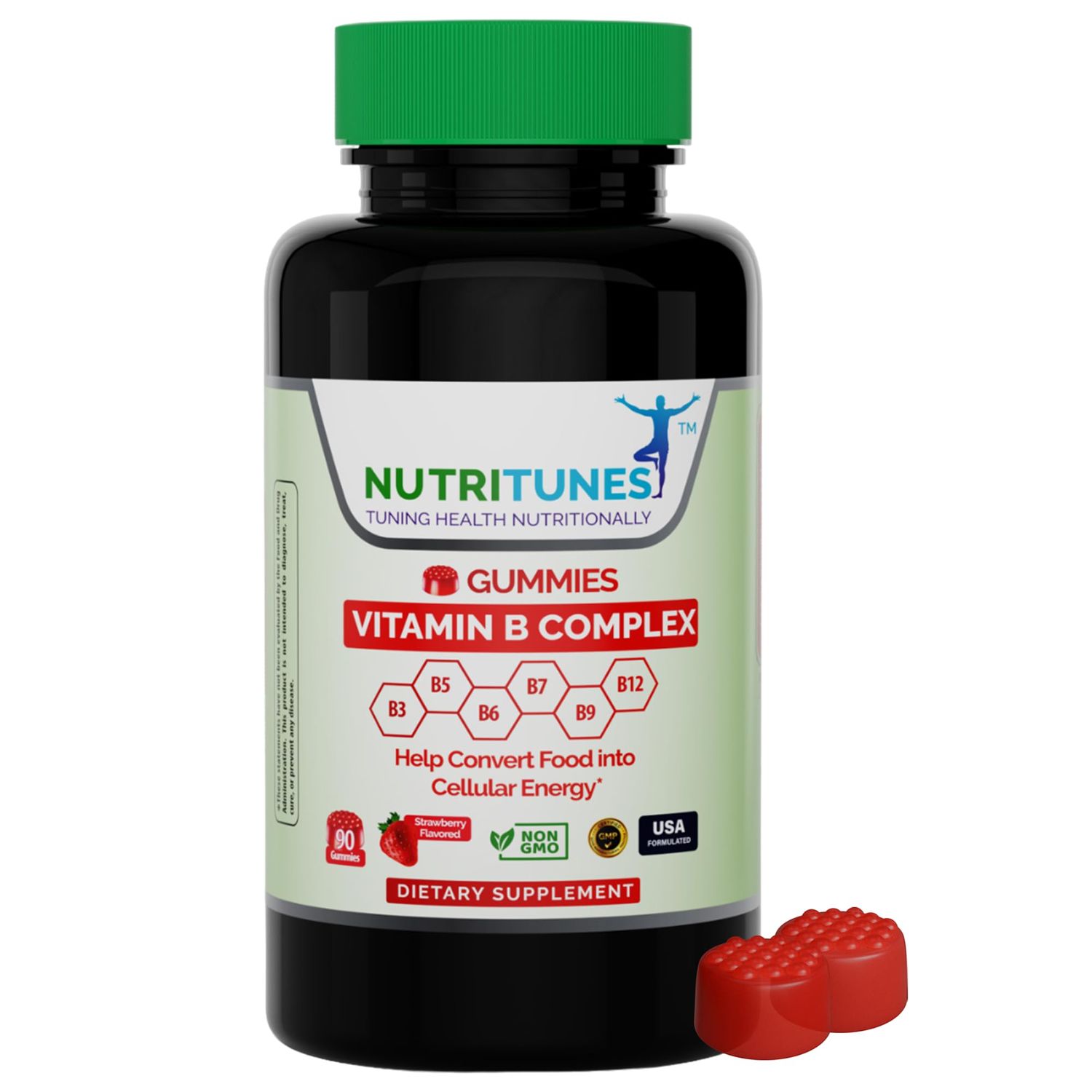 Nutritunes Vitamin B Complex Gummies (90 Count) - Vitamin Supplement for Energy Metabolism &amp; Brain Health Support - Non-GMO &amp; Allergen-Free - Strawberry Flavor - 90 Day Supply