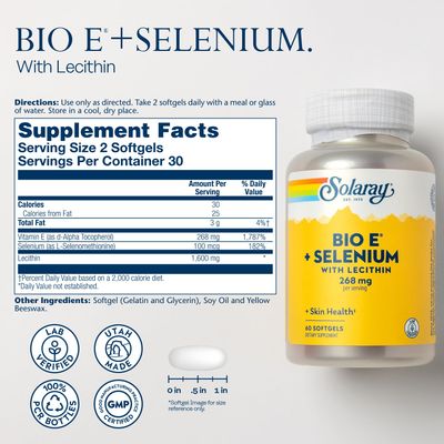 SOLARAY Bio Vitamin E with Selenium 400IU Healthy Heart Function, Antioxidant Activity &amp; Skin Support High Absorption 120 Softgels