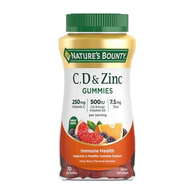 Nature&#39;s Bounty C, D, &amp; Zinc Gummies, Immune Support Gummies for Adults, Citrus Berry, 70 Ct