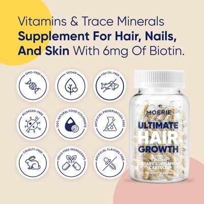 Moerie Hair Growth Supplement for Women &amp; Men - Hair Skin and Nails Vitamins With Biotin, Q10 &amp; Minerals - For Thicker, Fuller Hair &amp; Hair Loss Treatment - Advanced Beadlet Delivery System - 180 Pills
