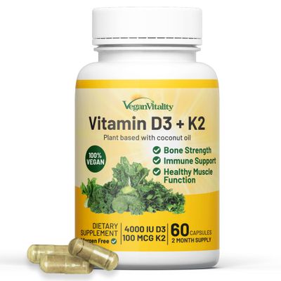 Vitamin D3 K2 4000IU (100mcg) with Coconut Oil, 100% Plant Based Vegan Vitamin D for Vegan and Vegetarian - 60 Capsules