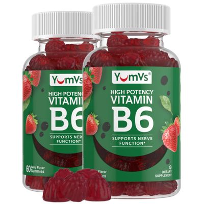YUM-V&#39;S Vitamin B6 Gummies - High Potency Vitamin B6 100mg - Strawberry Flavor B6 Vitamins Gummies - Nerve &amp; Immune Function, Non GMO Kosher, 60 Count - 2 Pack