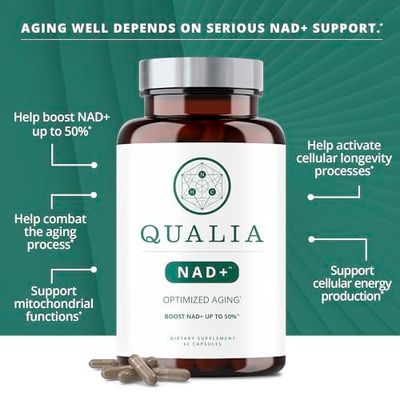 Qualia NAD+ Nicotinamide riboside nr Supplement, Can Boost NAD+ Levels up to 50% with: NR (nicotinamide riboside from NIAGEN), Niacin &amp; Niacinamide - Vegan (56 Caps), (1 Month Supply)