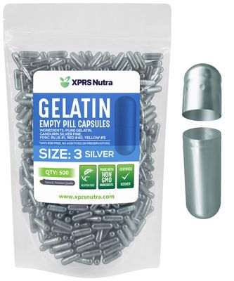 XPRS Nutra Size 3 Empty Capsules - 500 Count Empty Gelatin Capsules - Empty Pill Capsules - DIY Capsule Filling - Pure Bovine Pill Capsules Empty Gel Caps (Silver)