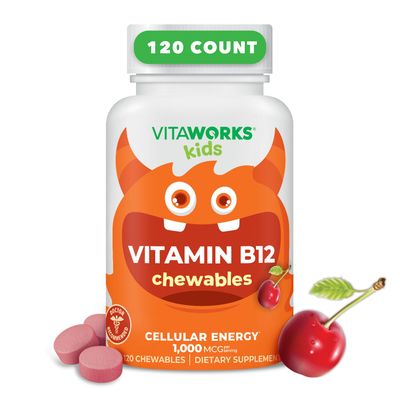 VitaWorks Kids Vitamin B12 1000 mcg Chewable Tablets - Tasty Natural Cherry Flavor - Vegan, GMO-Free, Gluten Free, Nut Free - Dietary Supplement - Cellular Energy Vitamins for Children - 120 Chewables