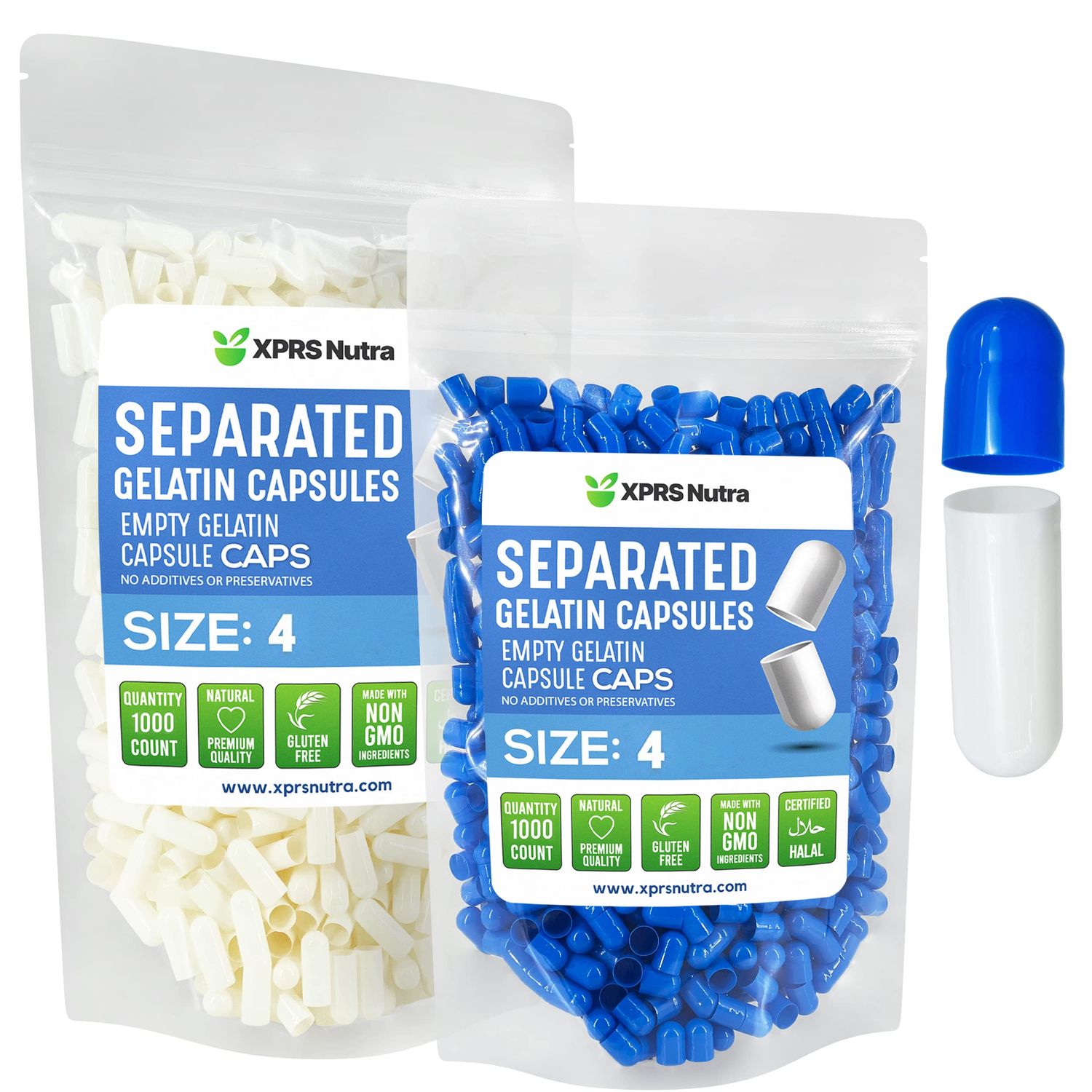 XPRS Nutra Gelatin Size 4 Separated Capsules - 1000 Count Small Empty Capsules Separated in Bags - Empty Pill Capsules - Size 4 Gel Capsules Empty- Capsules Empty DIY Supplement Filling (Blue/White)