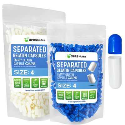 XPRS Nutra Gelatin Size 4 Separated Capsules - 1000 Count Small Empty Capsules Separated in Bags - Empty Pill Capsules - Size 4 Gel Capsules Empty- Capsules Empty DIY Supplement Filling (Blue/White)