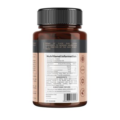 5HTP 300mg x 180 Tablets (2 Bottles with 90 Tablets in Each - 6 Months Supply. with 220mg Vitamin C, B6, and Black Pepper Extract. SKU: 5H3x2