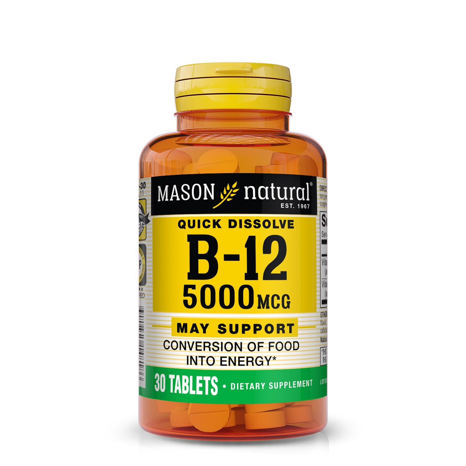 MASON NATURAL Vitamin B12 5,000 mcg (Cyanocobalamin) - Supports Conversion of Food into Energy, Dissolves Under Tongue (Raspberry Flavor), 30 Tablets