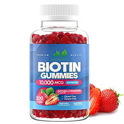 Biotin 10,000mcg Gummies for Women &amp; Men (100 Count) - 2x Extra Strength Biotin for Hair Growth, Skin &amp; Nails - Gluten-Free, Vegan, Non-GMO, Great Tasting Strawberry Flavor - 100 Gummies