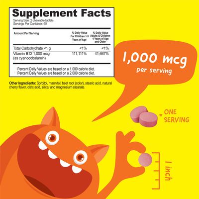 VitaWorks Kids Vitamin B12 1000 mcg Chewable Tablets - Tasty Natural Cherry Flavor - Vegan, GMO-Free, Gluten Free, Nut Free - Dietary Supplement - Cellular Energy Vitamins for Children - 120 Chewables
