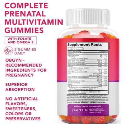 PLANT.O NUTRITION Prenatal Gummies for Women with DHA, Folate, Vitamin B C D | Delicious Multivitamin Blend for Fetal and Neural Support, Bones, Energy &amp; Immunity During Pregnancy