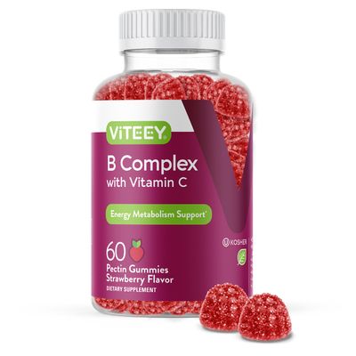 Vitamin B Complex Gummies for Adults with Vitamin C, B6, B12, Niacinamide, Folic Acid, Biotin, Calcium - Supports Energy &amp; Metabolism - Vegan, Gluten Free, Gelatin Free - Chewable Strawberry Flavored