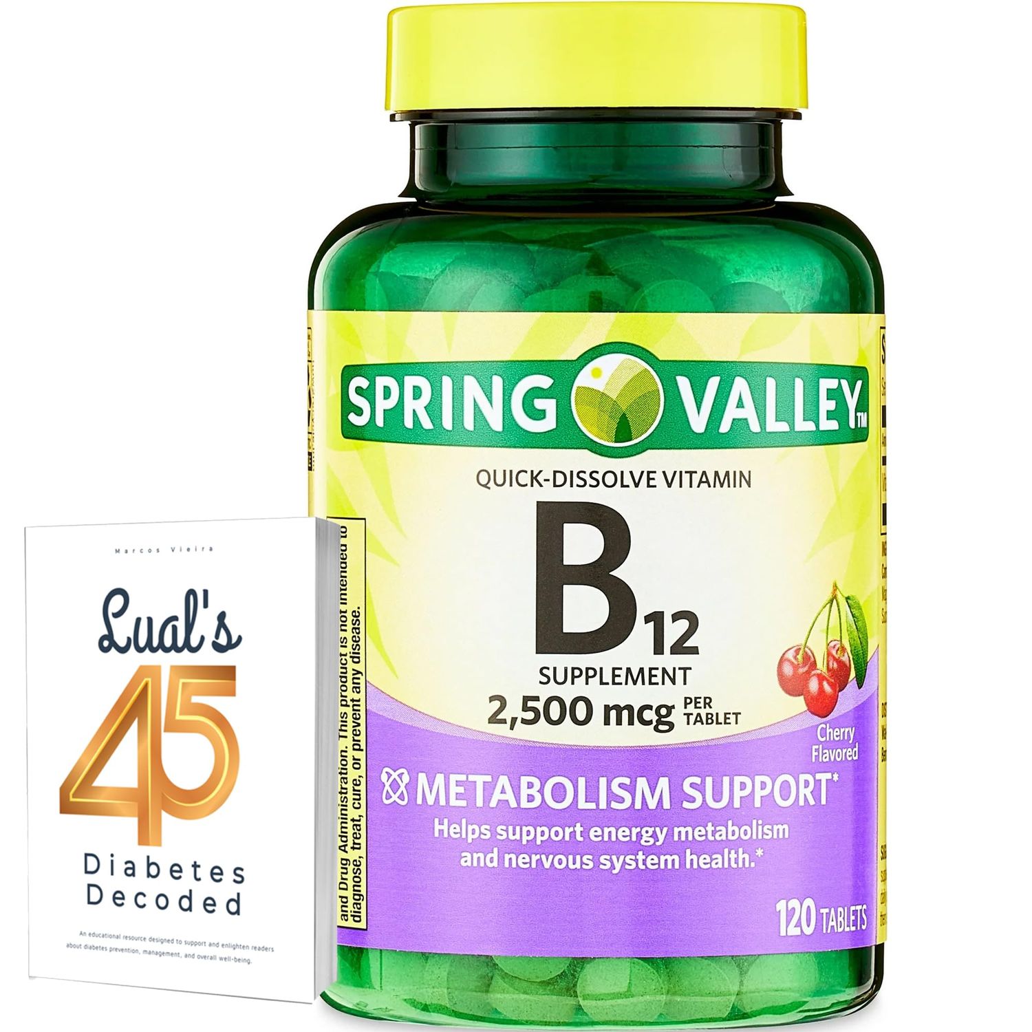 Spring Valley Vitamin B12 Quick-Dissolve Tablets Dietary Supplement | Vitamin B12 2500 mcg | B Vitamins | Vitamin B12 Complex for Women and Men | 120 Tablets Bundle with Lual&#39;s 45 Diabetes Decoded