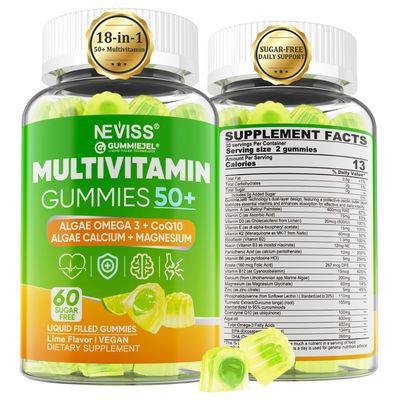 Multivitamin Gummies + Omega 3 &amp; Coq10 for Women &amp; Men 50+ Sugar Free, w/ D3K2, Calcium + Magnesium + Zinc, Vitamin A,C &amp; E, High Potency Multivitamins Supplement for Hert, Brain, Bone, Immune 60Cts