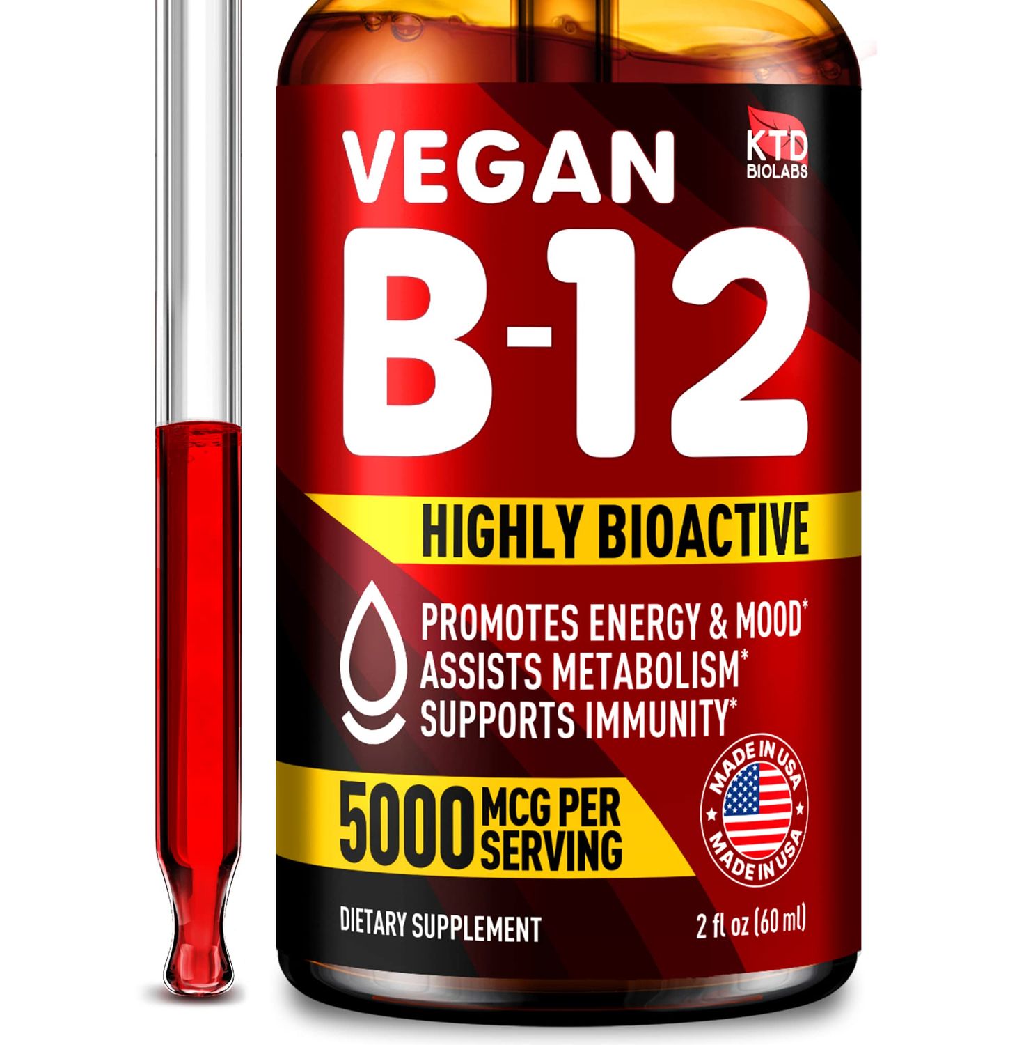KTD BIOLABS B12 Sublingual 5000 mcg Drops - Made in USA - Vegan B12 Vitamins for Energy, Mood &amp; Memory - Highly Bioavailable B12 Sublingual Drops for Women &amp; Men - Methylcobalamin B12-2 fl. oz.