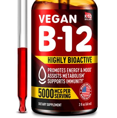 KTD BIOLABS B12 Sublingual 5000 mcg Drops - Made in USA - Vegan B12 Vitamins for Energy, Mood &amp; Memory - Highly Bioavailable B12 Sublingual Drops for Women &amp; Men - Methylcobalamin B12-2 fl. oz.