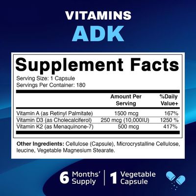 Vitamatic ADK Vitamin Supplement, 180 Veg Capsules, High Potency Vitamins A, D3, K2 for Bone Health, Calcium Absorption, Non-GMO, Gluten Free