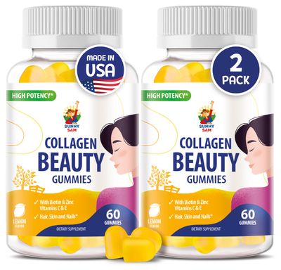 SUNNY SAM Biotin Collagen Gummies for Women &amp; Girls - Low Sugar 60 Chewable Beauty Collagen Gummies for Enhanced Hair Skin and Nails - Biotin, Vitamin A, Zinc Supplement - Natural Lemon Flavor