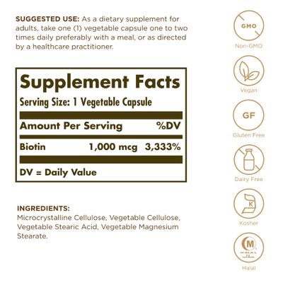 Solgar Biotin 1000 mcg - 100 Vegetable Capsules - Supports Healthy Skin, Nails &amp; Hair - Non-GMO, Vegan, Gluten Free, Dairy Free, Kosher, Halal - 100 Servings