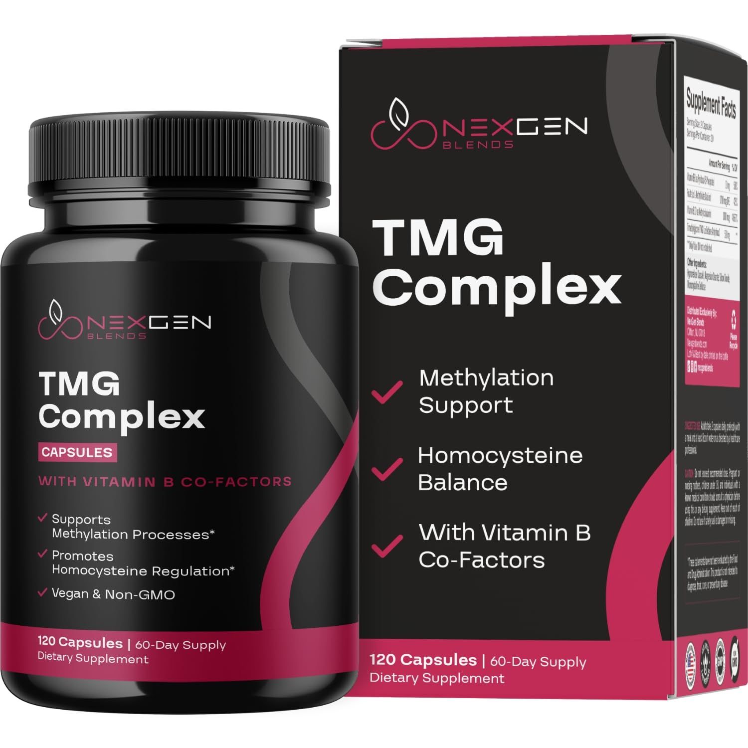 TMG Trimethylglycine Supplement with Methyl B Complex - 500mg Betaine TMG Supplement with Methylated Vitamin B Co Factors for Homocysteine Heart &amp; Liver Support - Vegan &amp; Non-GMO (2 Month Supply)
