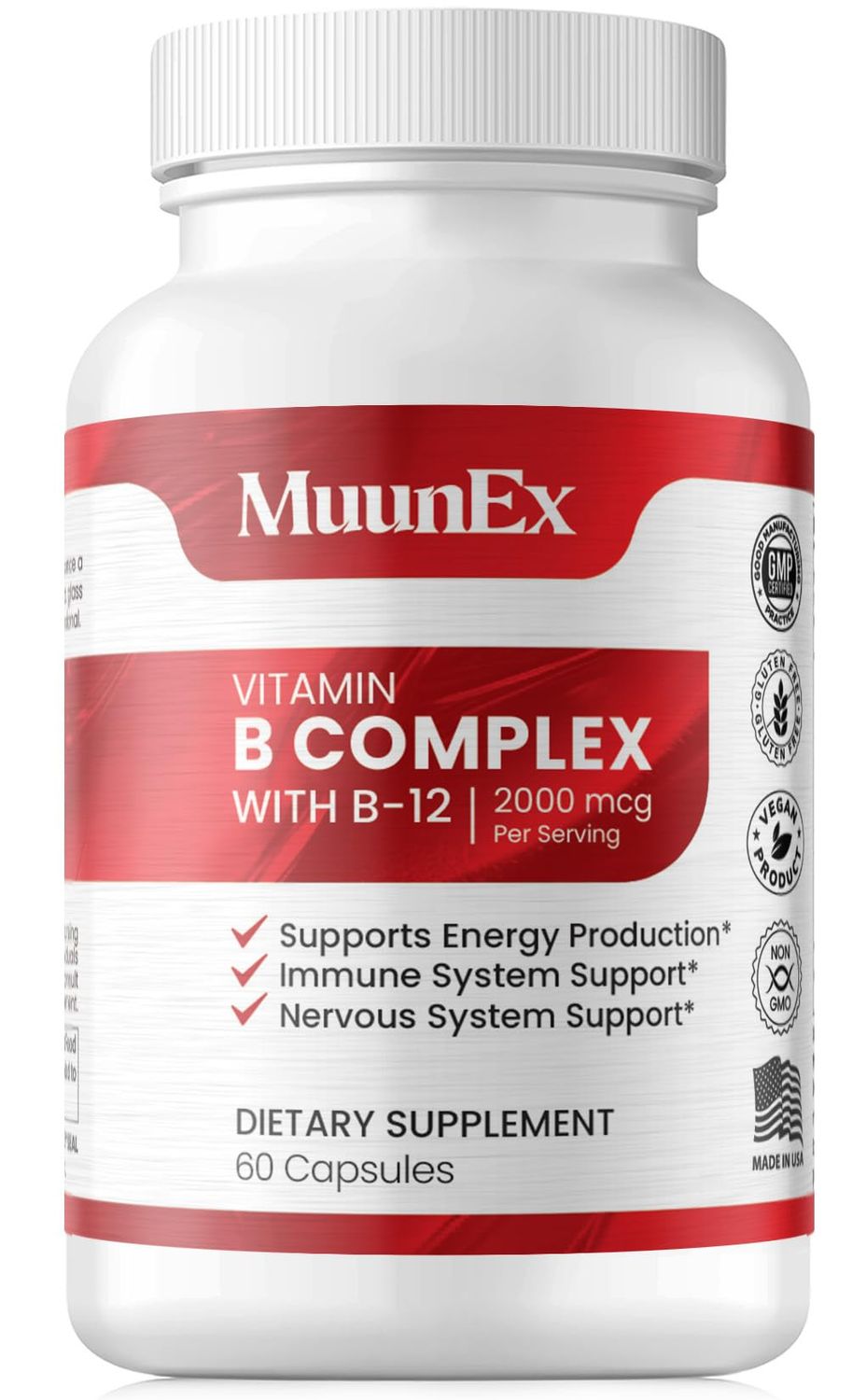 MuunEx B-Complex, Vitamin B1 B2 B3 B6 B12, New Formula for Max Vitality &amp; Sustained Energy Support,Energy Boost, Nervous System Support, with Vitamin C, Choline, Folate, 60 Capsules