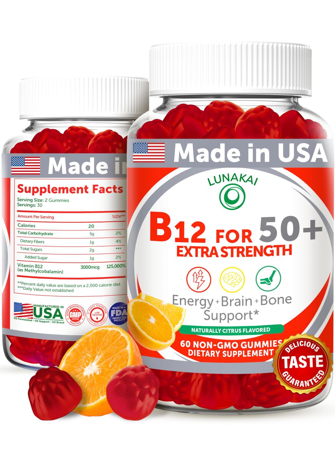 Lunakai USA Made Vitamin B12 Gummies for Adults 50+, High Strength Non-GMO B12 for Energy &amp; Vitality Boost, Delicious Orange Flavor, 60ct