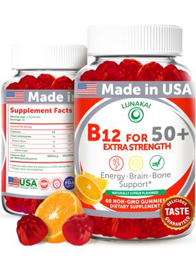 Lunakai USA Made Vitamin B12 Gummies for Adults 50+, High Strength Non-GMO B12 for Energy &amp; Vitality Boost, Delicious Orange Flavor, 60ct