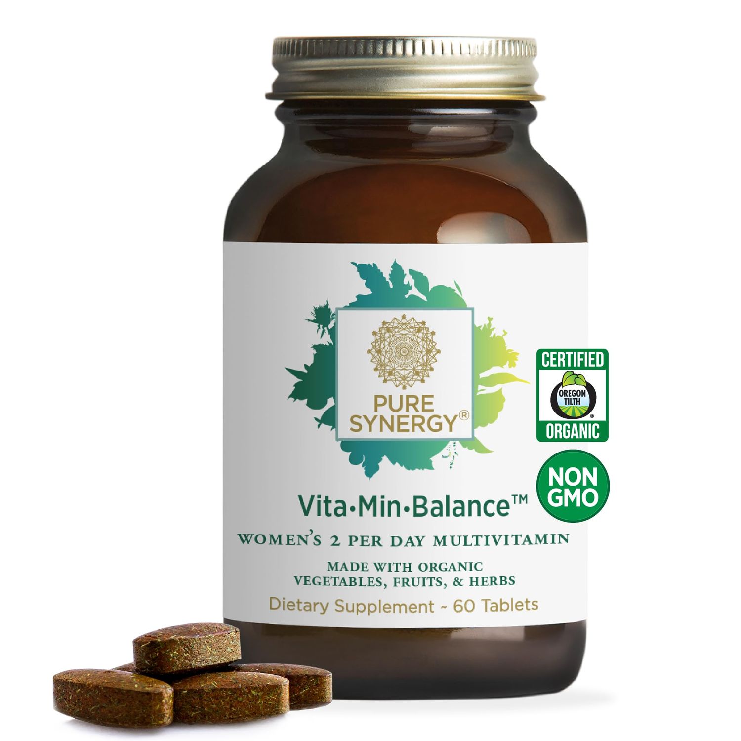 PURE SYNERGY VitaMinBalance | Multivitamin for Women with Iron | Womens Daily Multivitamin Made with Organic Whole Foods | for Balanced Energy and Stress Support (60 Tablets)